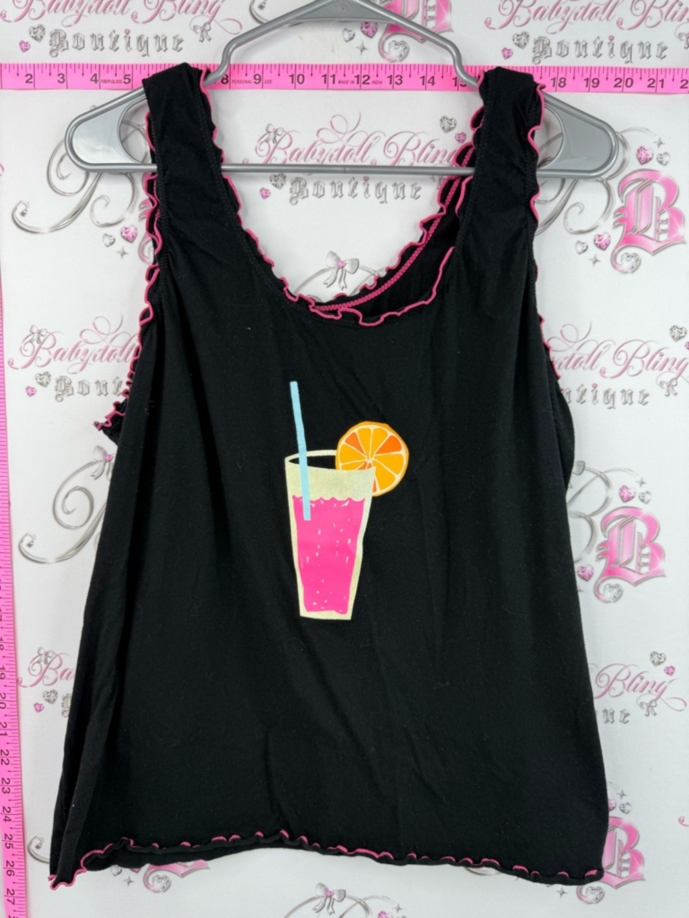 Faded Glory tank top cocktail drink Black with Pink Drink Graphic and Pink Trim